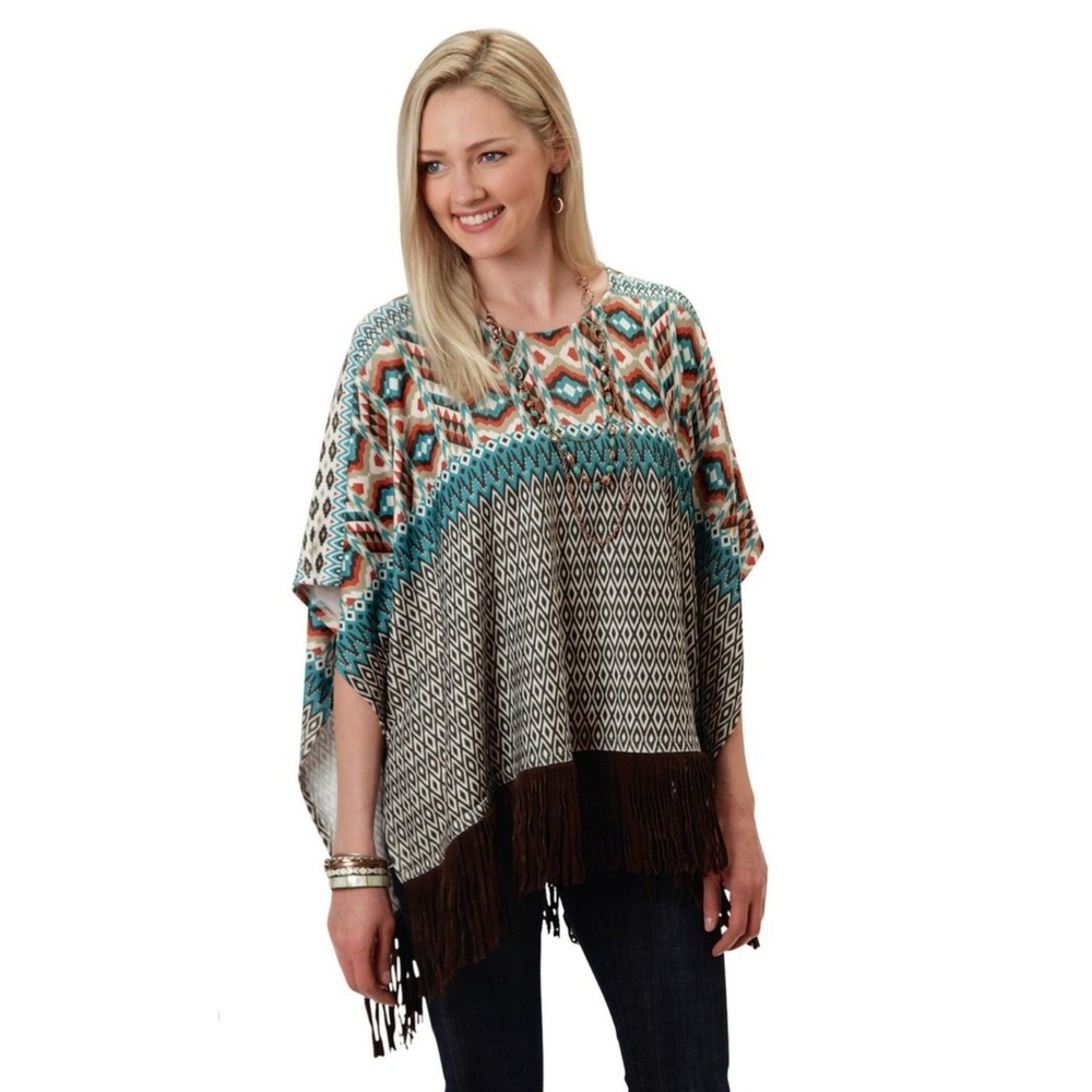 Roper Native Dancer Aztec Print Poncho. Brown Fringe. M/L